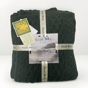 ARAN MOR IRELAND Authentic Merino Wool Green Knit Throw Blanket 40 x 60” NEW